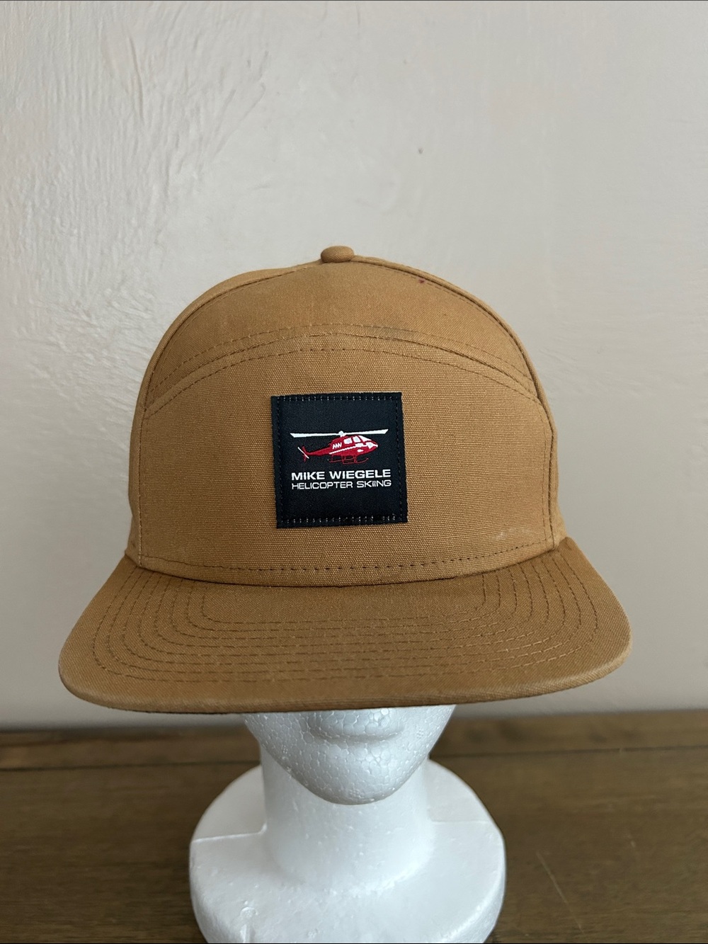 Pukka Mid Crown Tan Canvas Five-Panel Cap W/ A Helicopter In Front. Adjustable.
